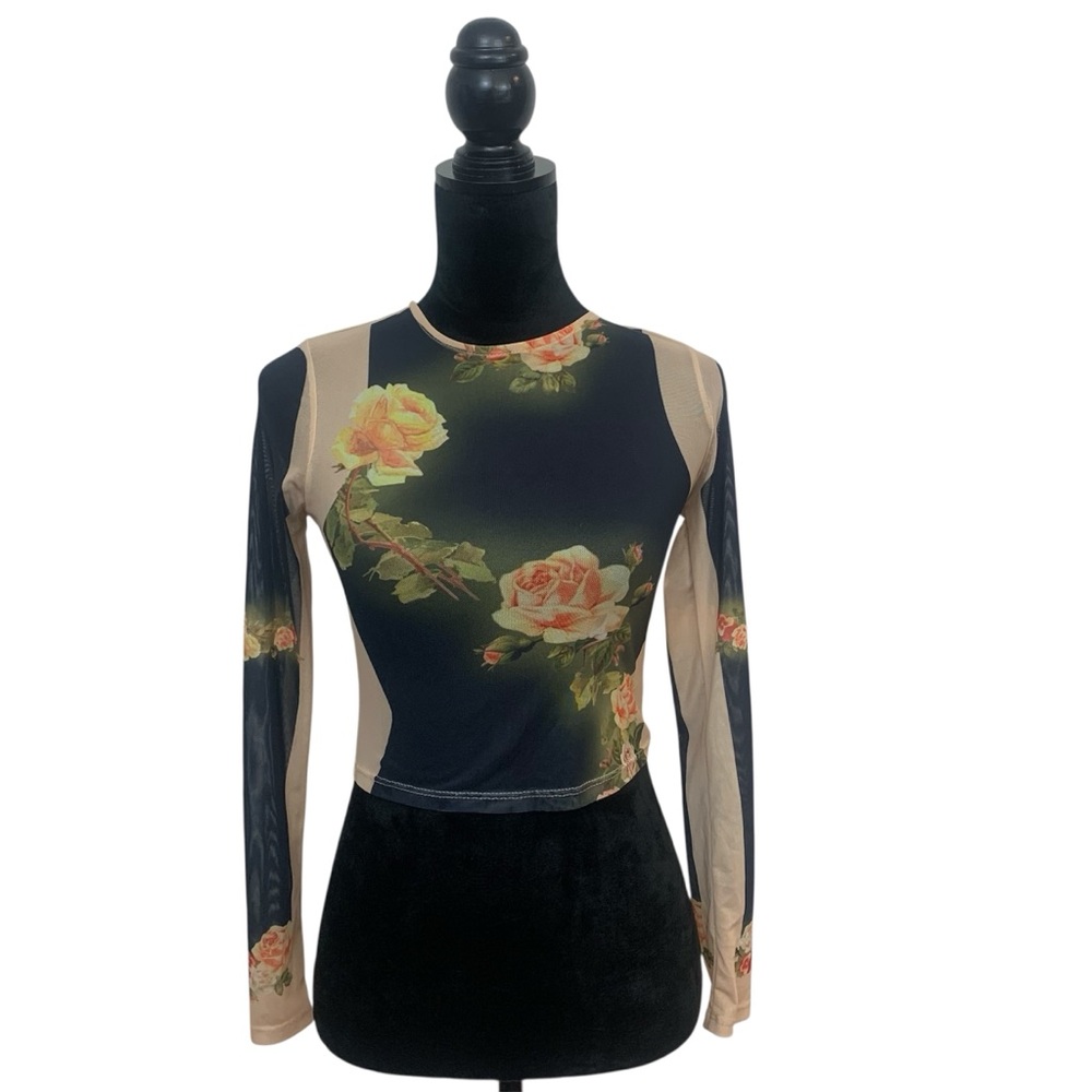 Fashion Nova Woman Sm Sheer‎ Black Tan Floral Long Sleeve Fairy Mesh Crop Top